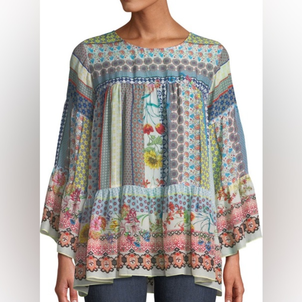 Johnny Was Peonies Georgette Flare-Sleeve Blouse size Large